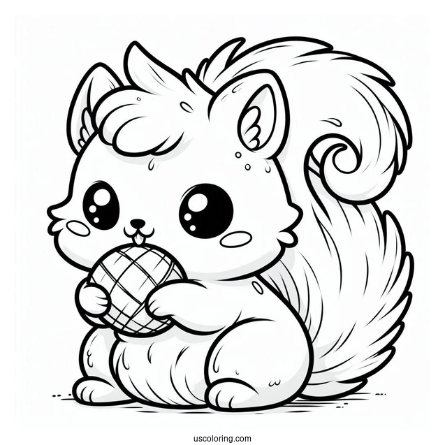 Kawaii Fluffy Squirrel Coloring Page Chewing On Nut