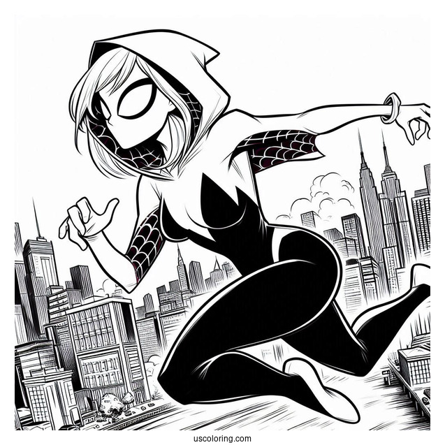 Comic Spider-Gwen Coloring Page Running In The City