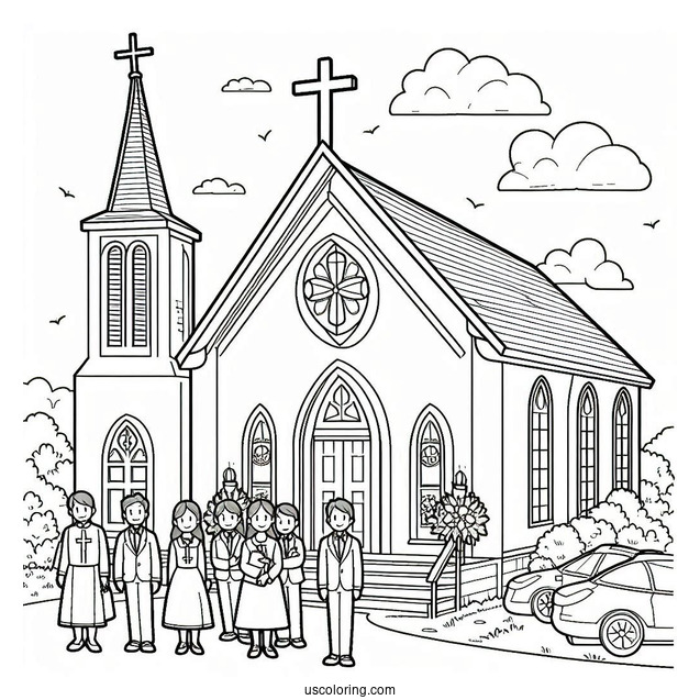 Cartoon Church Coloring Page Goers Standing In Front Of The Church Building For Kids
