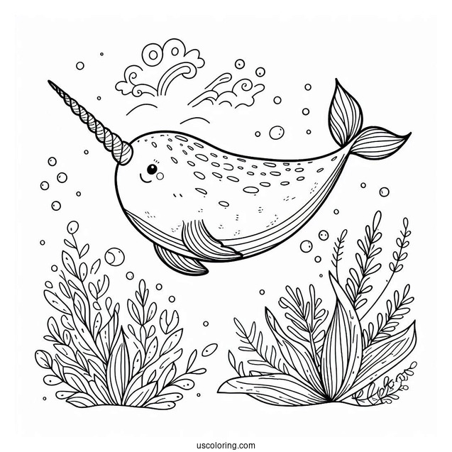 Narwhal Coloring Page Swimming Underwater With Aquatic Life