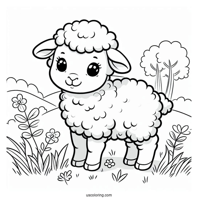 Cute Baby Lamb On Country Side Coloring