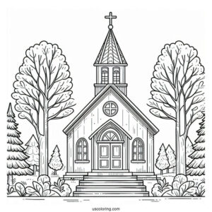 Small Church Coloring Page Surrounded By Trees For Preschoolers