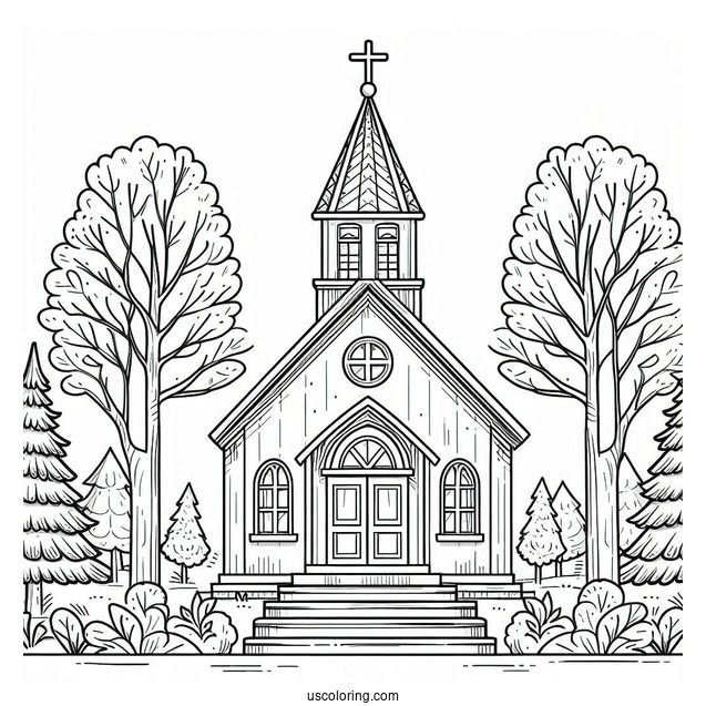 Small Church Coloring Page Surrounded By Trees For Preschoolers