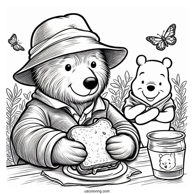 Paddington Coloring Page Eating A Sandwich With Winnie The Pooh