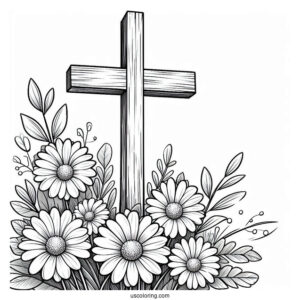 Daises Over A Wooden Cross Coloring Page In Nature For Kids