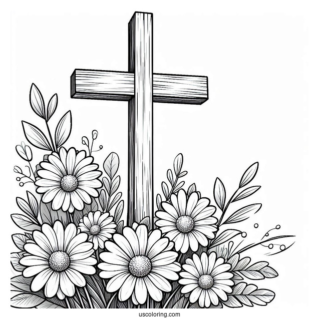 Daises Over A Wooden Cross Coloring Page In Nature For Kids