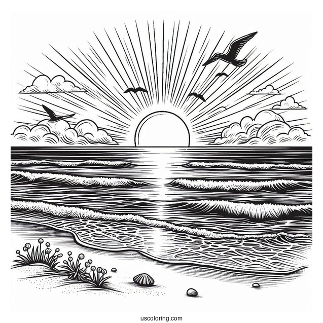 Sun Rising On The Horizon At The Beach Coloring Page