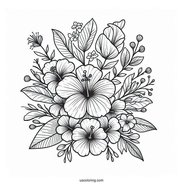 Flower Coloring Pages Of Small Bouquet Of Hibiscus, Lilies, And Wildflowers