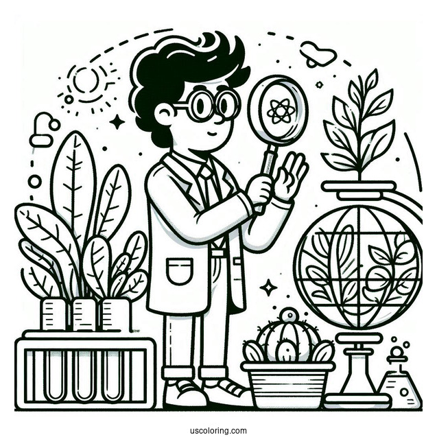 Science Coloring Page Of Scientist Studying A Plant With A Magnifying Glass