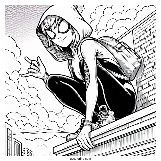 Spider-Gwen Coloring Page On The Edge Of A Building Holding Her Hand Out