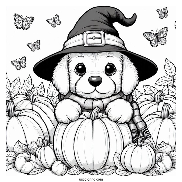 Adorable Puppy Wearing A Witch Hat While Hugging A Pumpkin Coloring Page