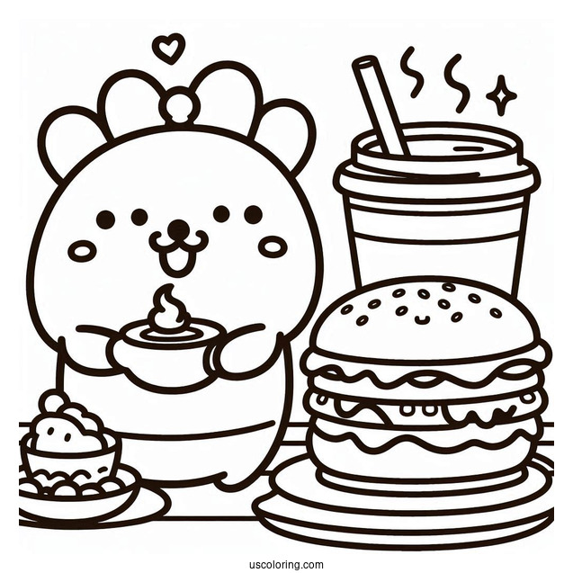 Pompompurin Serving Coffee And Burger Coloring Sheet