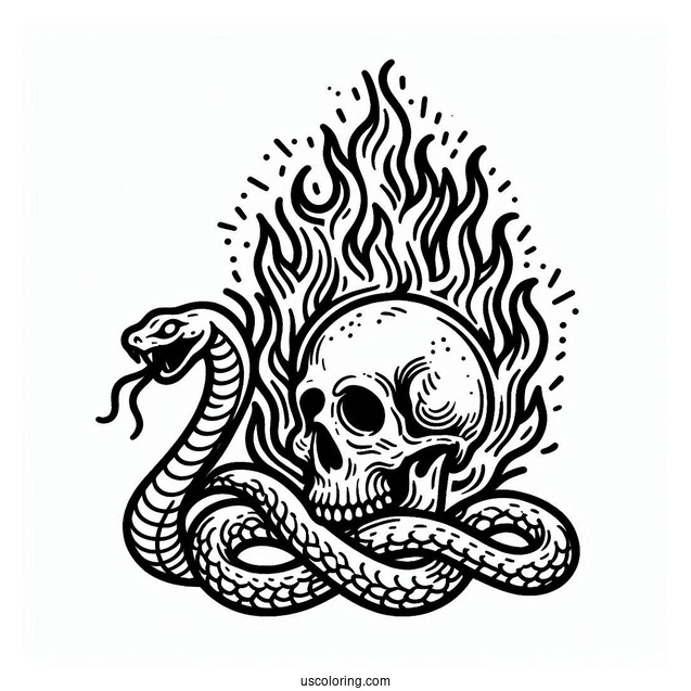 Flaming Skull With Snake