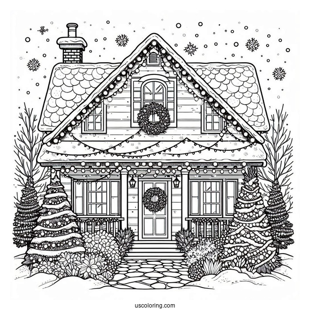 Detailed House Full Of Christmas Lights To Color