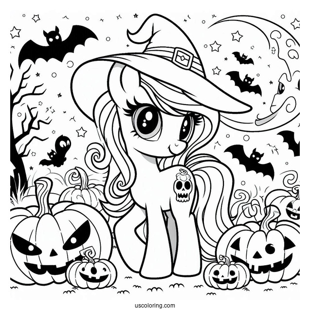 Coloring Sheet of Halloween My Little Pony with Ghosts and Jack-O-Lanterns