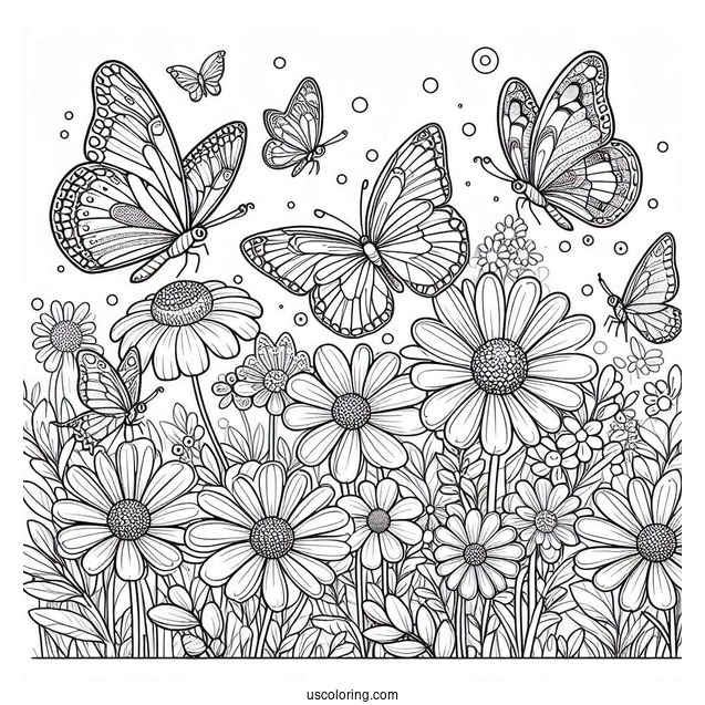 Several Butterflies Enjoying A Flower Field Coloring Page