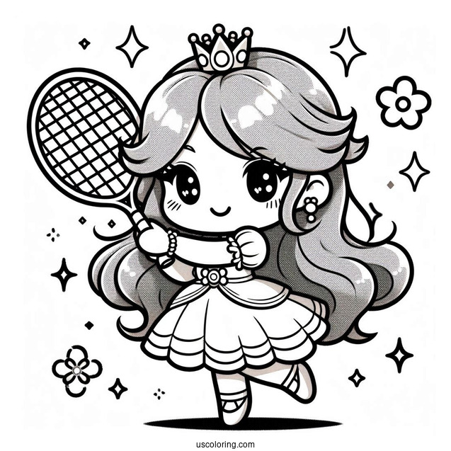 Kawaii Chibi Princess Daisy Coloring Page Holding Tennis Racket For Preschoolers