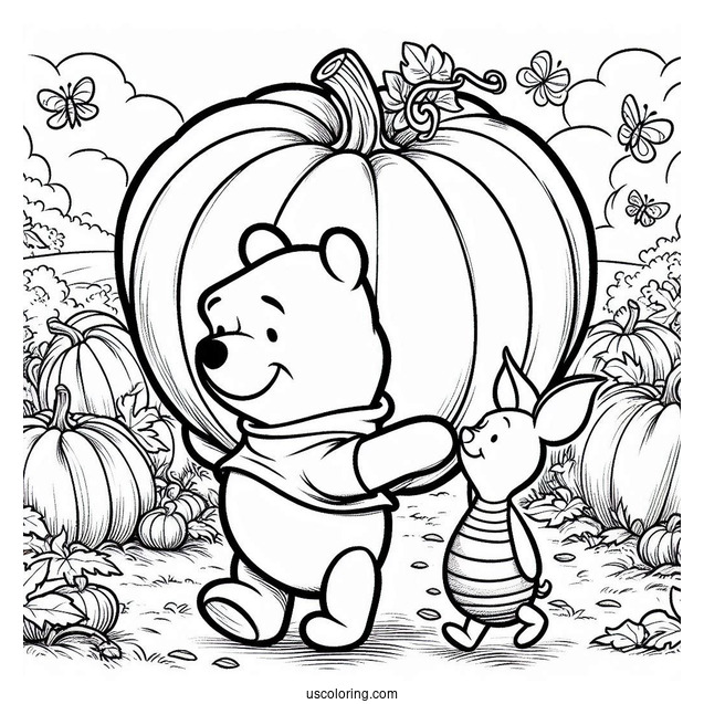 Winnie The Pooh And Piglet Carrying A Giant Pumpkin Coloring Page