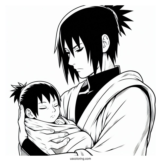 Adult Uchiha Sasuke Coloring Page Holding Baby Sarada