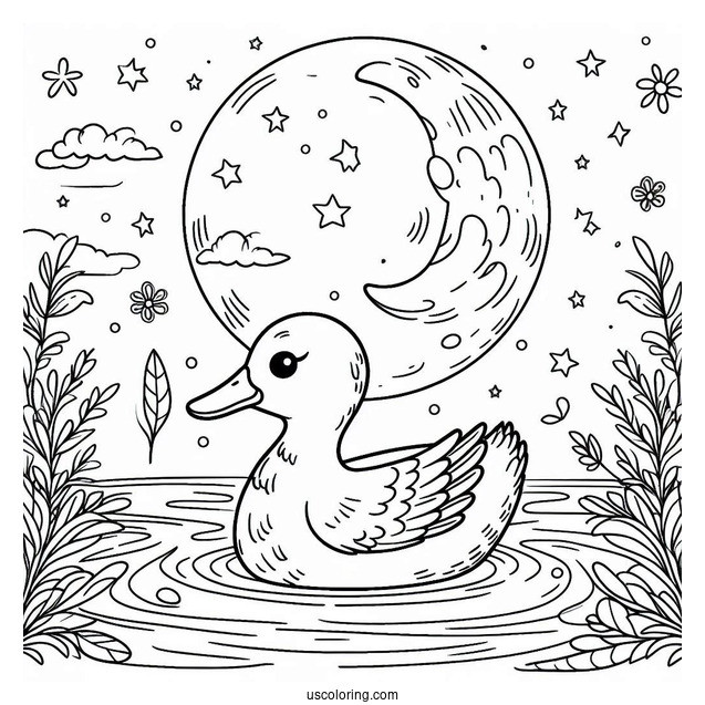 Duck Swimming Under the Moon Coloring Sheet