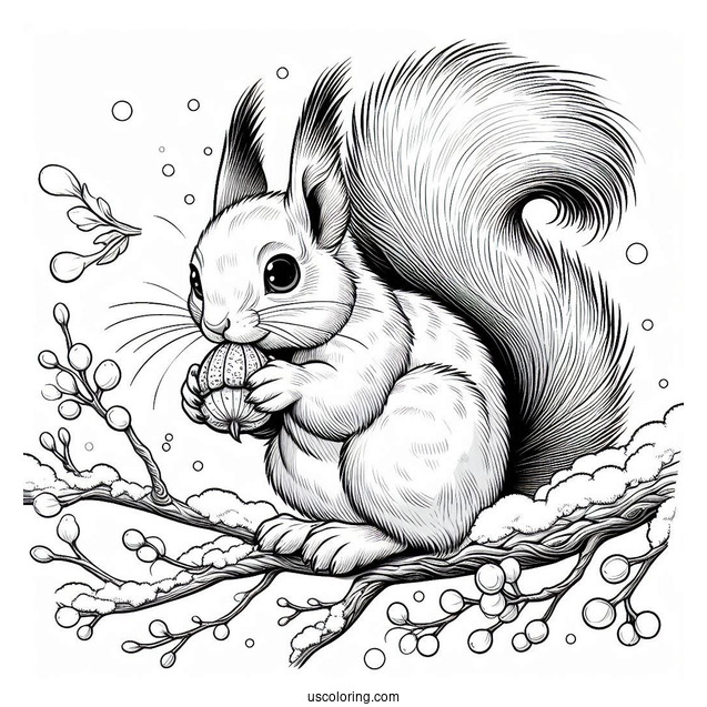 Realistic Squirrel Coloring Page Eating Nut On Snow Covered Branch