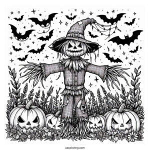 Scary Scarecrow Coloring Page Surrounded By Jack O Lanterns And Bats
