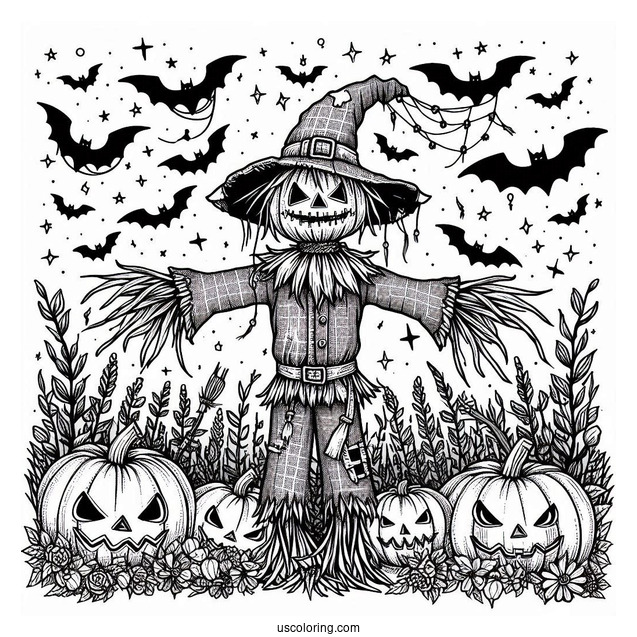 Scary Scarecrow Coloring Page Surrounded By Jack O Lanterns And Bats