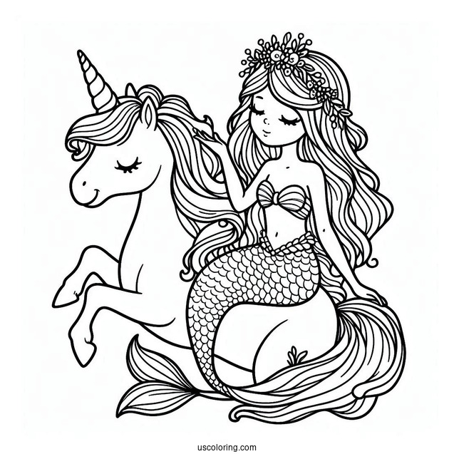 Mermaid Princess Coloring Page Sitting On Unicorn
