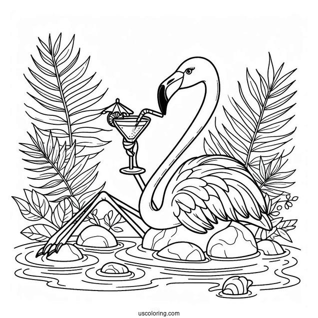 Flamingo Relaxing Drinking a Cocktail To Color