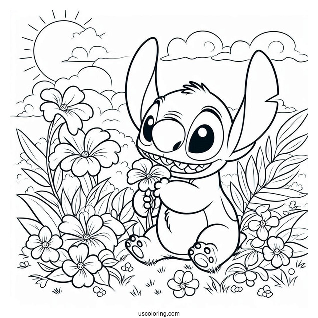 Stitch Smiling At Flowers In Spring Coloring Page