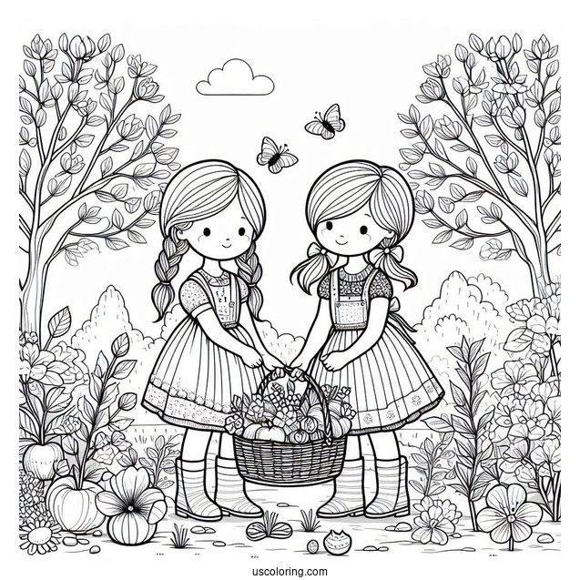 Two Little Girls Harvesting Flowers In Spring Coloring Page For Kids