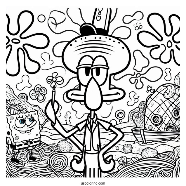 Squidward Coloring Page And SpongeBob Painting Self Portraits