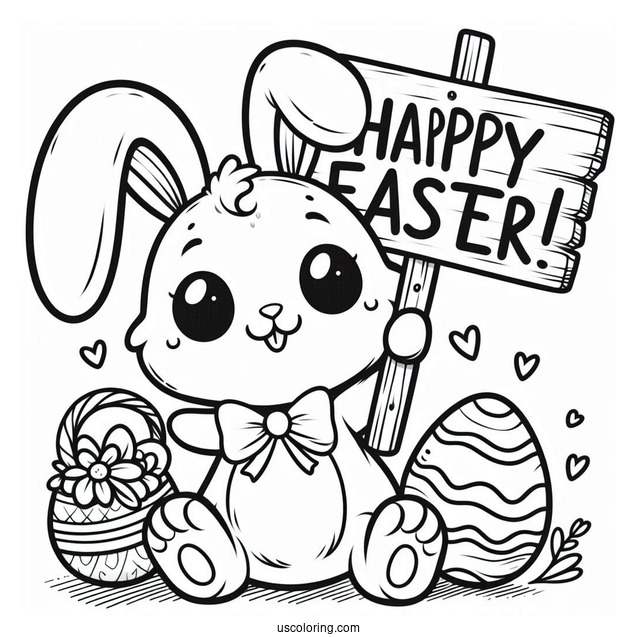 Easter Coloring Page Of Smiling Bunny Holding Happy Easter Sign For Kids