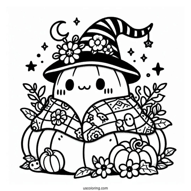 Pumpkin Coloring Page Kawaii Blanket Ghost With Witch Hat, Flowers, And Pumpkin