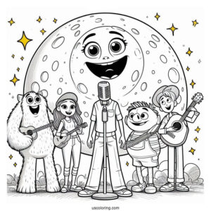 Sing Coloring Page Of Buster Moon With Rosita, Mike, Ash, Johnny, Meena, Gunter, And Eddie