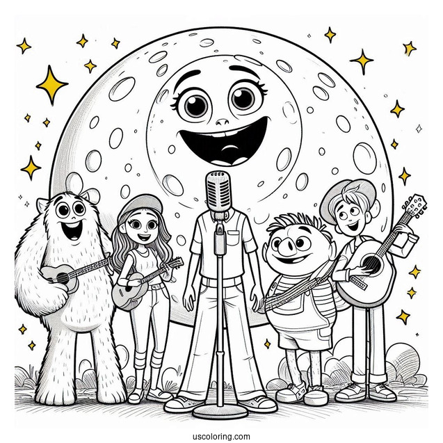 Sing Coloring Page Of Buster Moon With Rosita, Mike, Ash, Johnny, Meena, Gunter, And Eddie