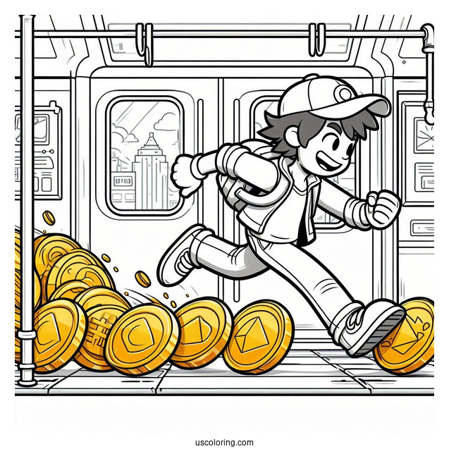 Subway Surfers Coloring Page Jake Chasing Gold Coins Behind A Subway