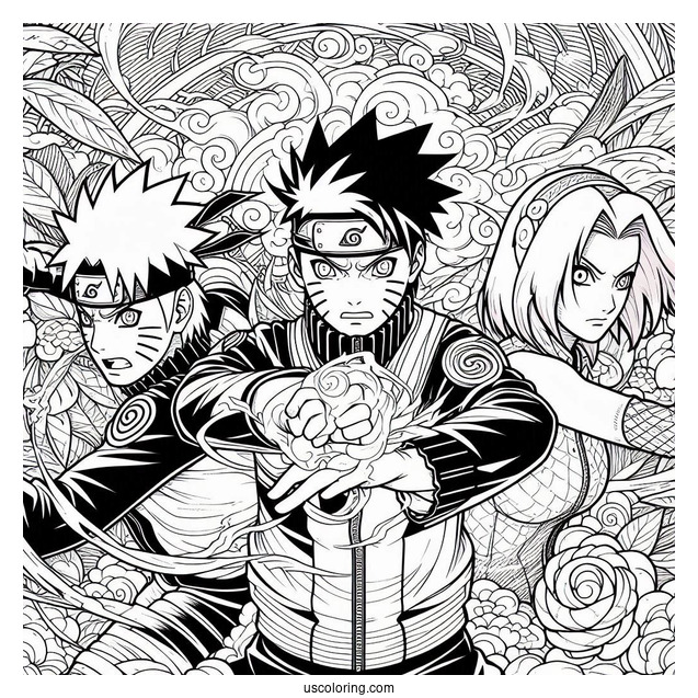 Naruto Coloring Page With Sasuke, Sakura, And Kakashi In Fight