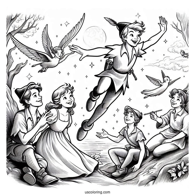 Peter Pan Teaching Wendy, John, And Michael To Fly