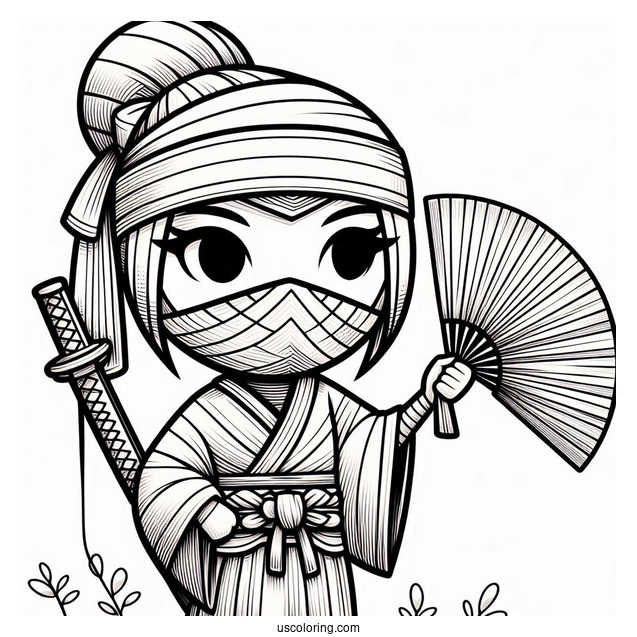 Ninja Holding A Sword And A Fan Coloring Page