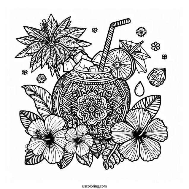 Summer Coloring Page Of Coconut Drink With Hibiscus Flower And Mandala