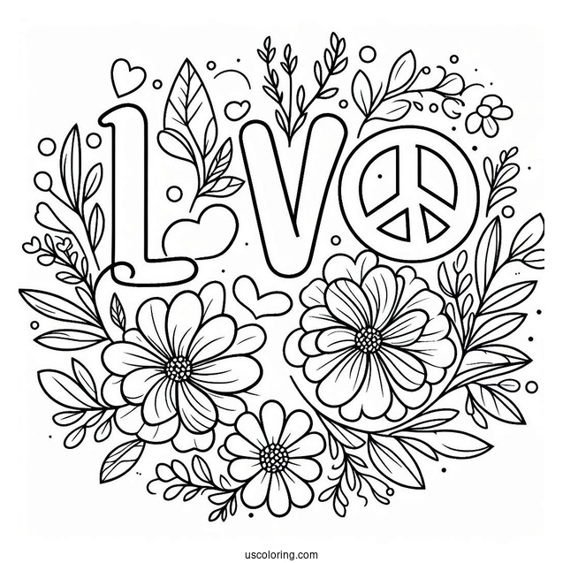 Love Word With Peace Coloring Page Sign And Flowers