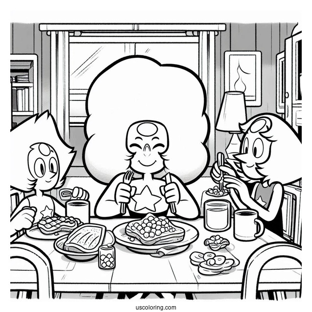Steven Universe Coloring Page Of Having Breakfast With Pearl, Garnet, And Amethyst