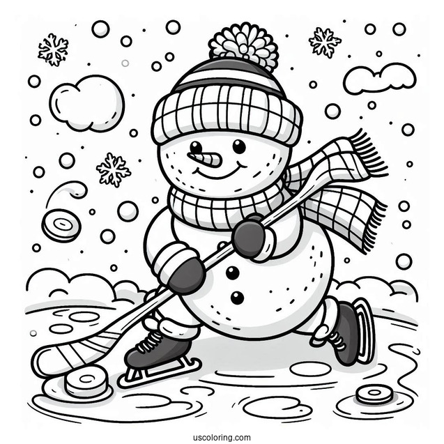 Coloring Sheet Of a Snowman Playing Ice Hockey