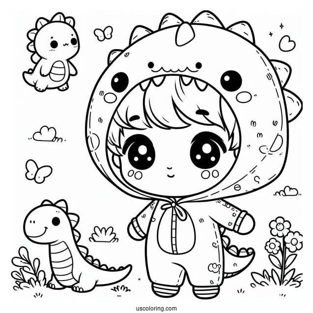 Cute Coloring Page Little Boy Wearing A Dinosaur Onesie