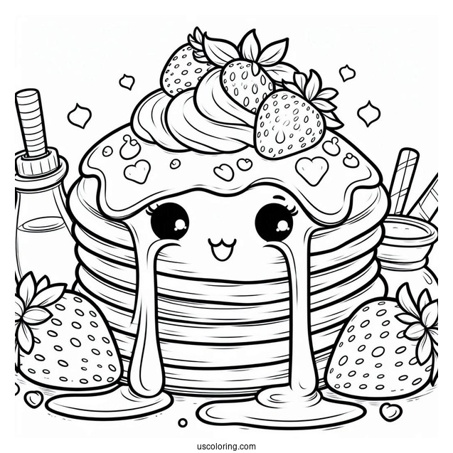 Cartoon Pancake Coloring Page With Overflowing Syrup And Strawberries For Kids