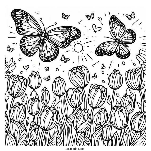 Butterfly Flying Over Field Of Tulips