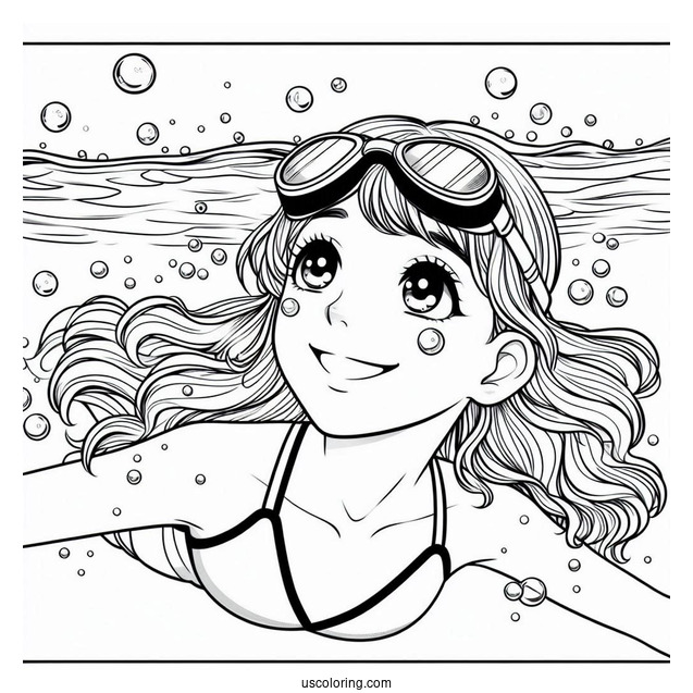 Girl Wearing Goggles Swimming Coloring Page Under Water