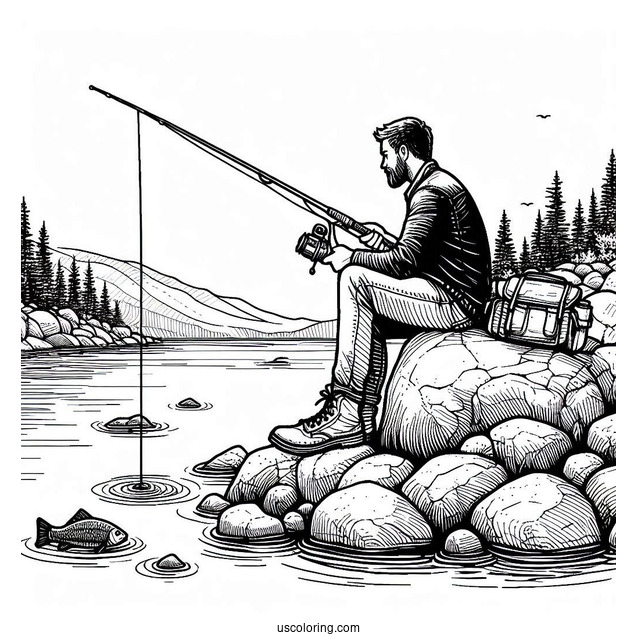 Easy Man Sitting On Rock Fishing Coloring Page