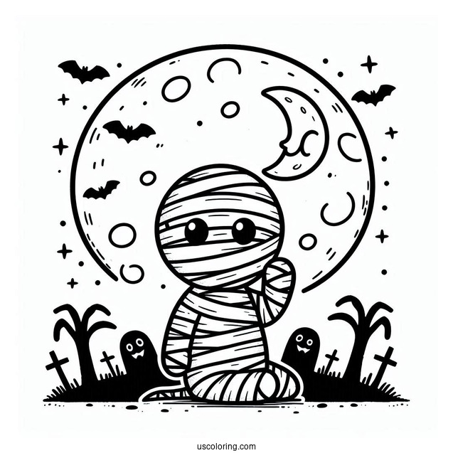Halloween Mummy Coloring Page With Full Moon
